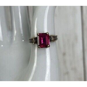 Vintage 10K Yellow Gold Art Deco Style Emerald Cut Ruby Ring sz 4.25